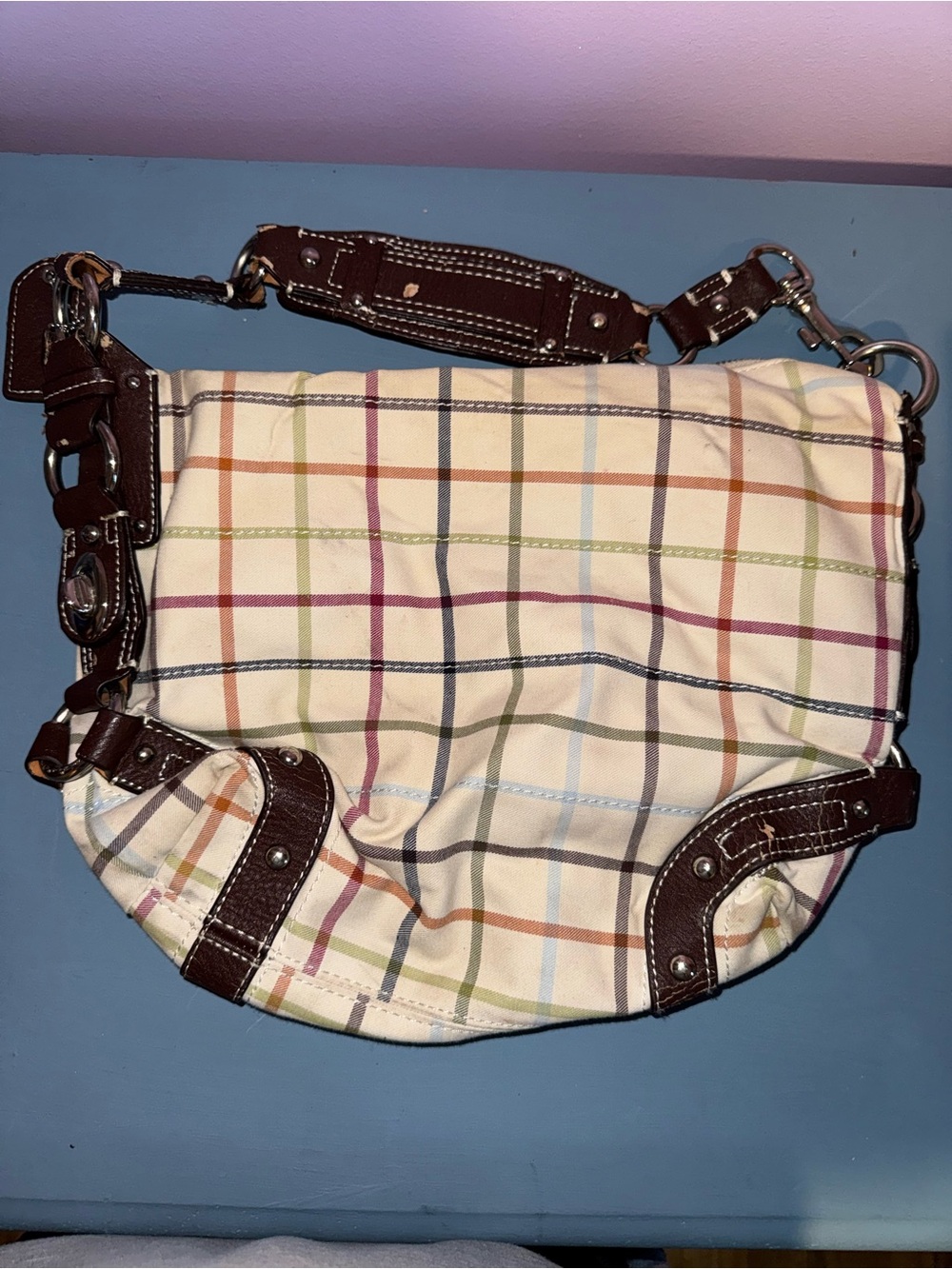 Coach Plaid Hobo Bag in Cream with Brown Leather Trim - Picture 3 of 5